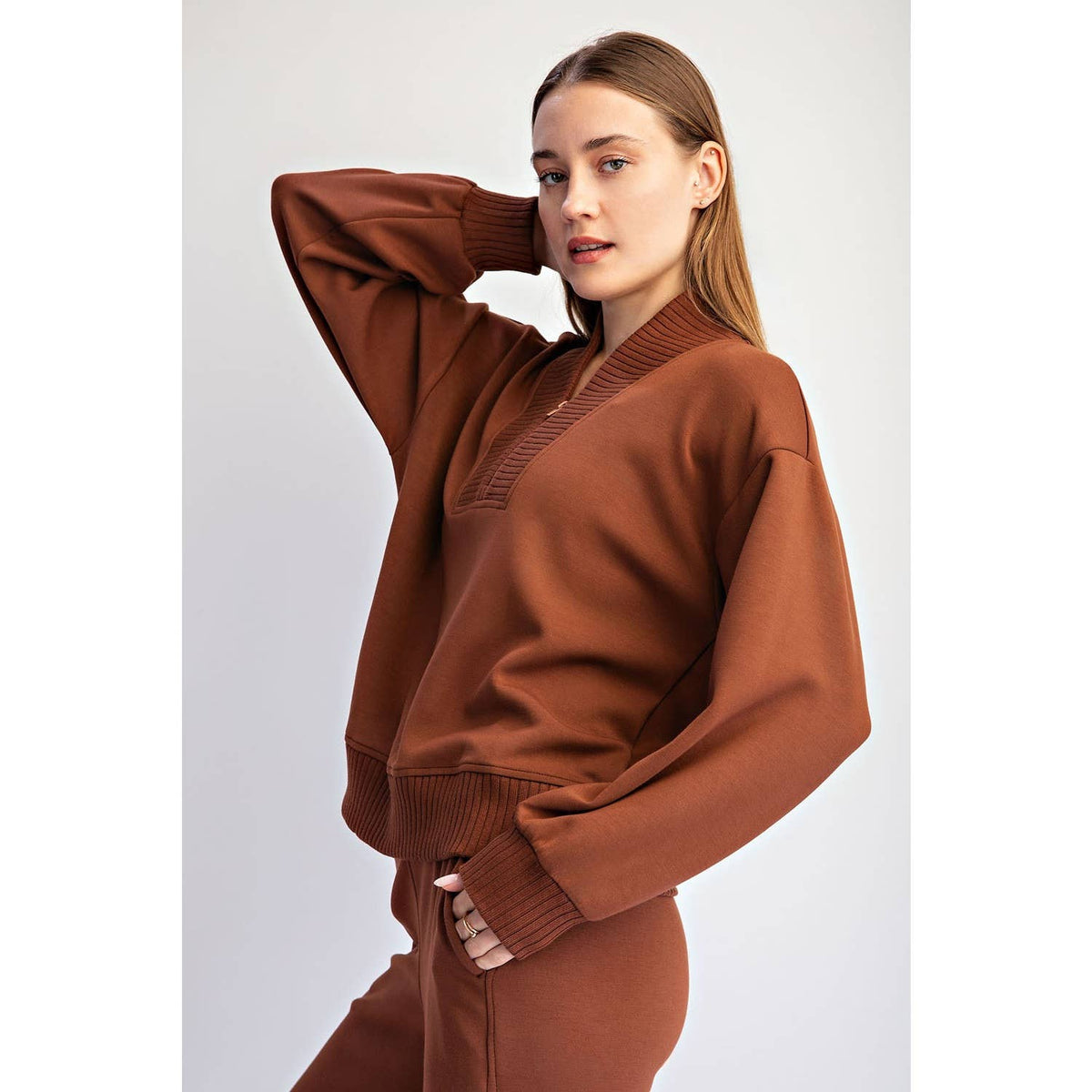 Modal Scuba Luxe V-Neck Top -Chestnut