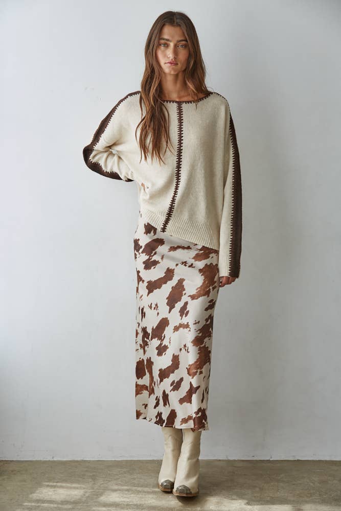 By Together Cow Print Satin Midi Skirt