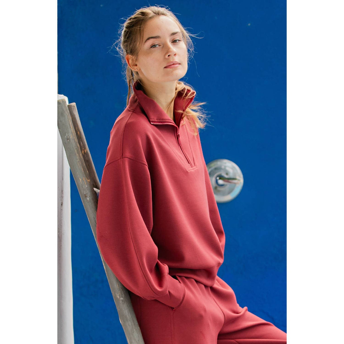 Modal Scuba Quarter Zip Barrel Sleeve Top - Merlot