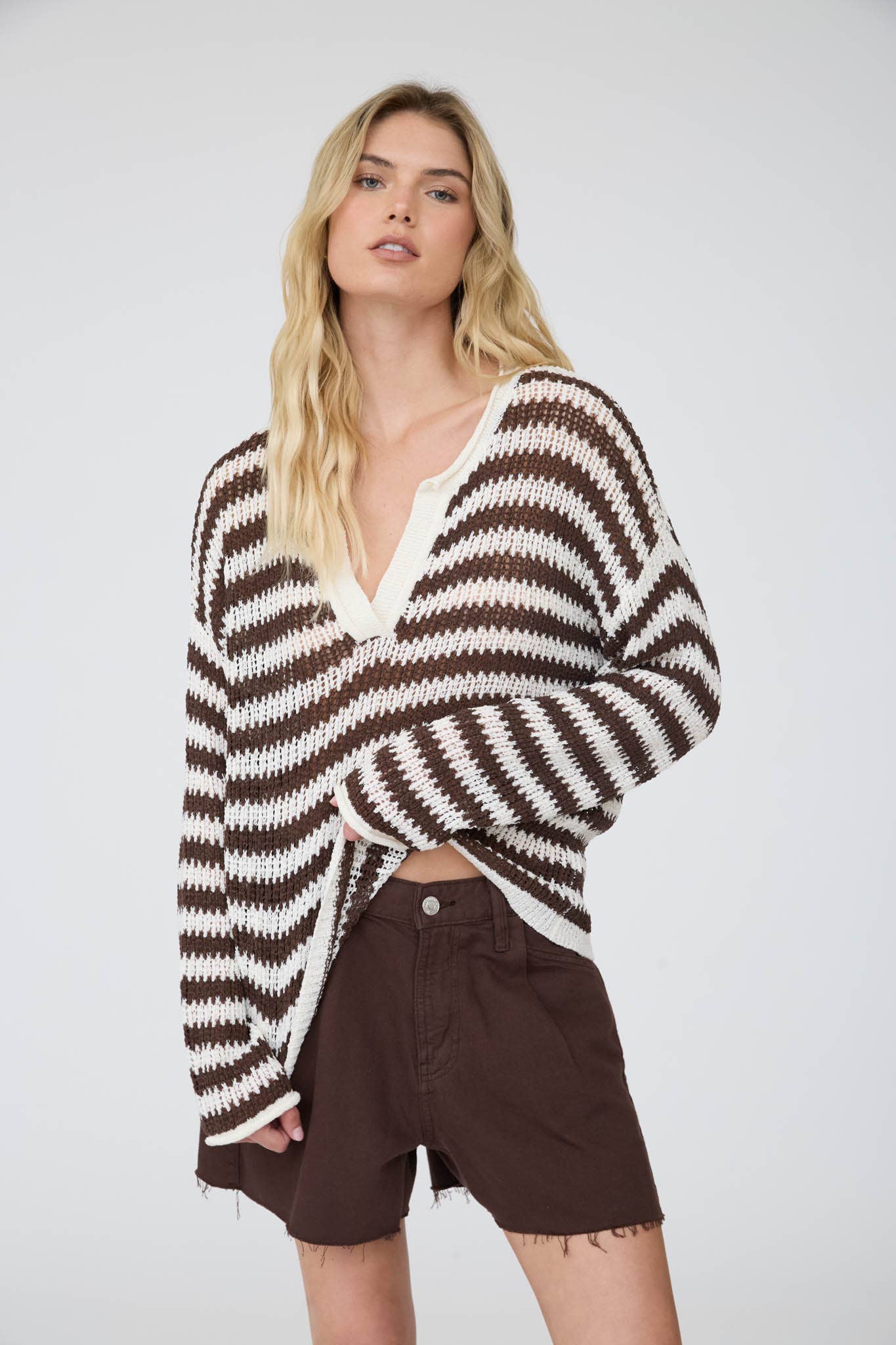 Blu Pepper Stripe Raw Edge Split Neck Sweater Oatmeal styled