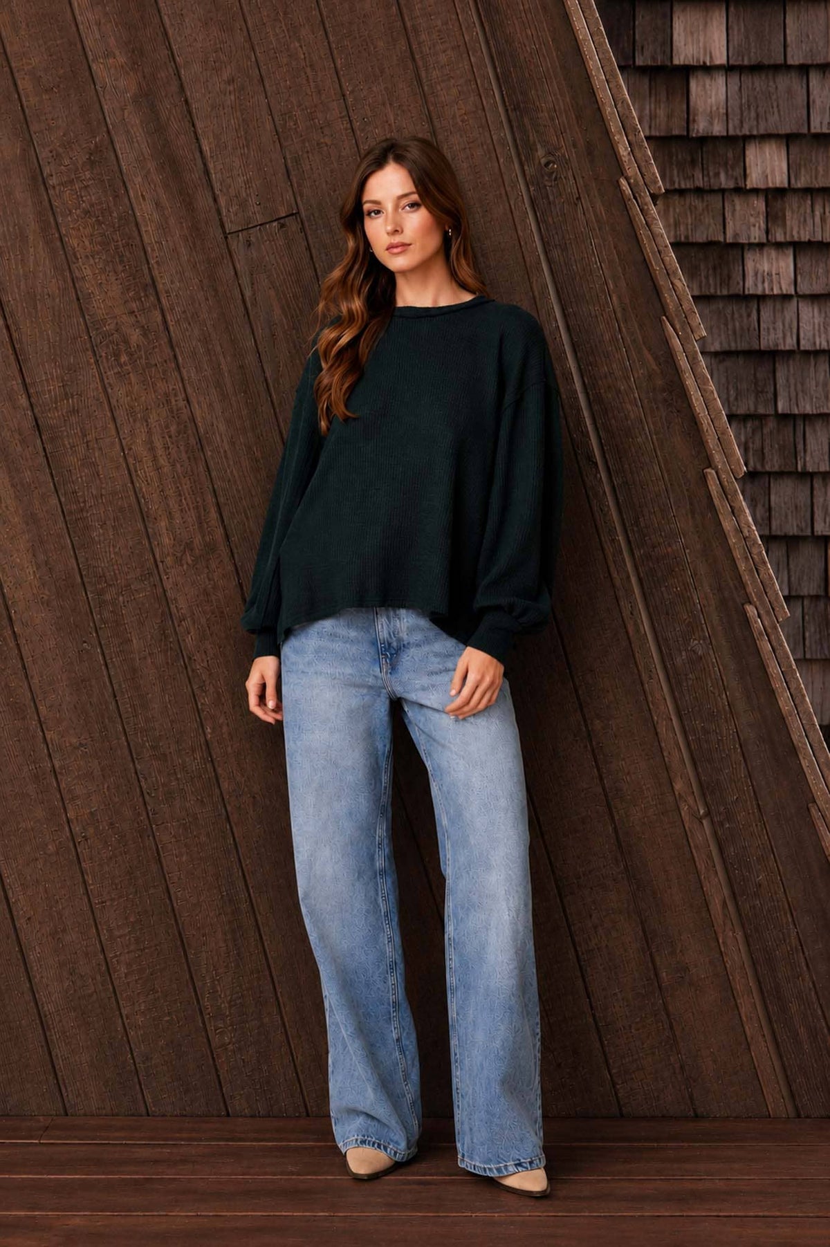 Blu Pepper Textured Exposed Seam Top- Navy