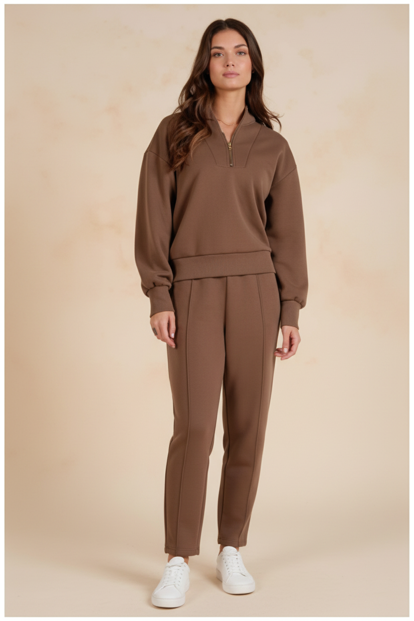 Elan Long Sleeve 3/4 Zip Top - Light Brown