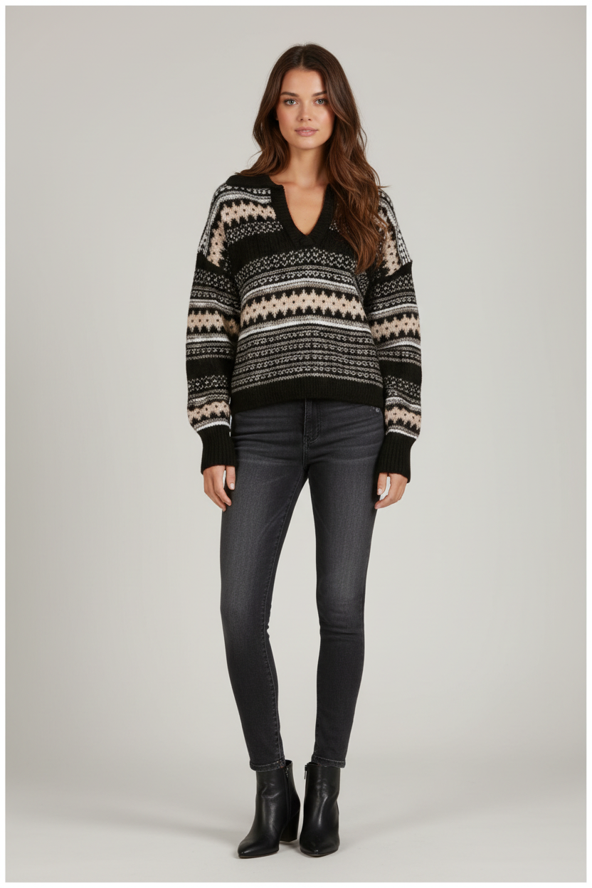 Elan V-Neck Collar Sweater - Black