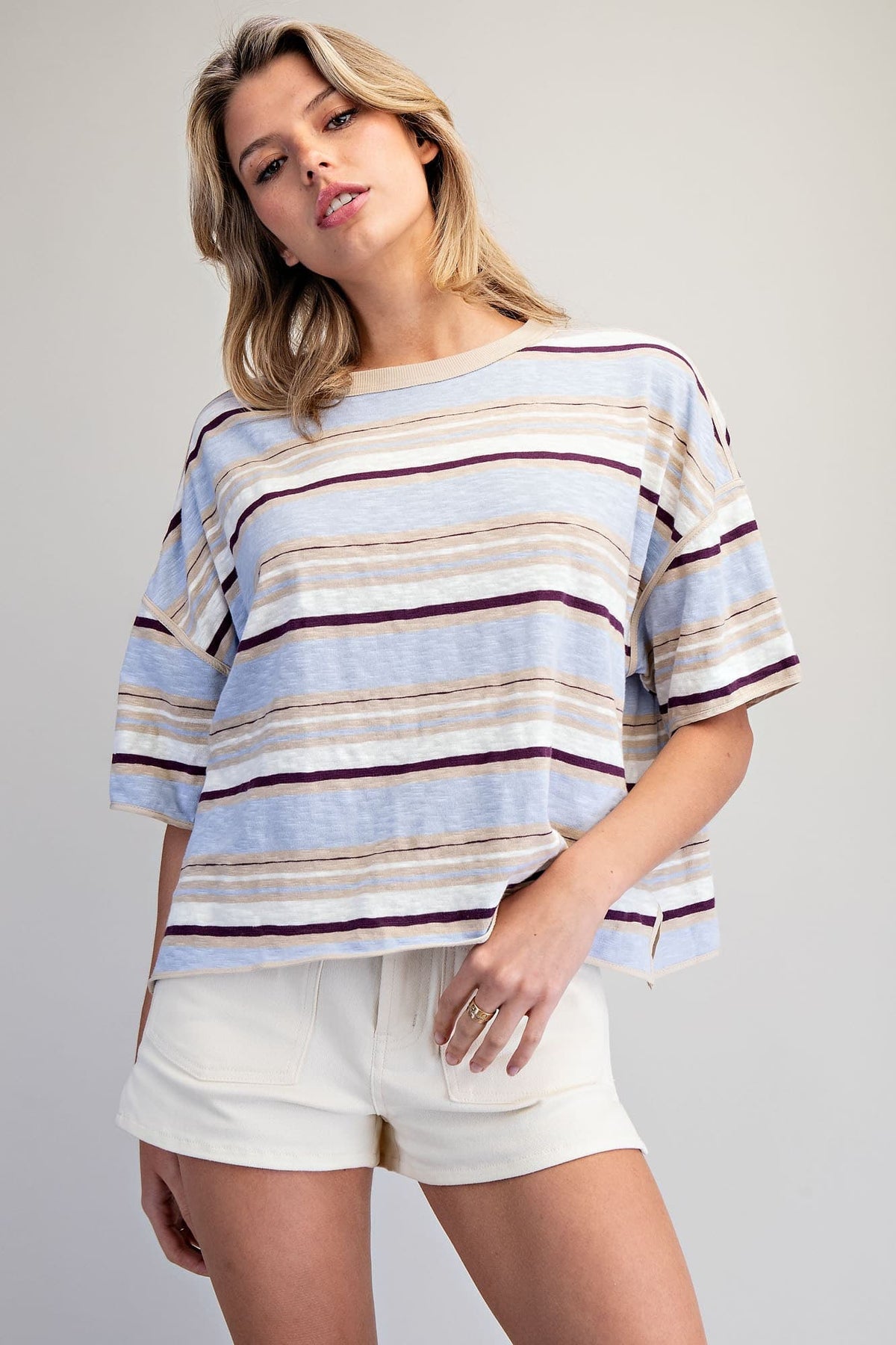 Eesome Blueberry Striped Boxy T-Shirt - front view