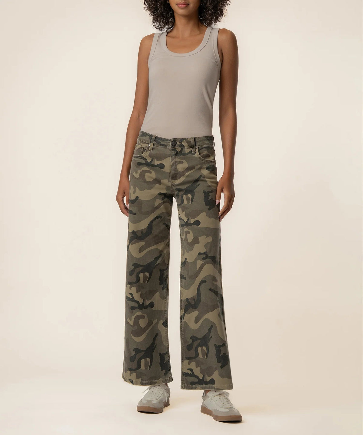 Kut from the Kloth Meg High Rise Wide Leg in Olive Camo, front view