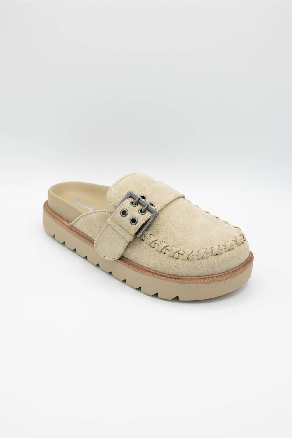 MIA Zaina Lug Clog in Sand, recycled suede clog with braided upper