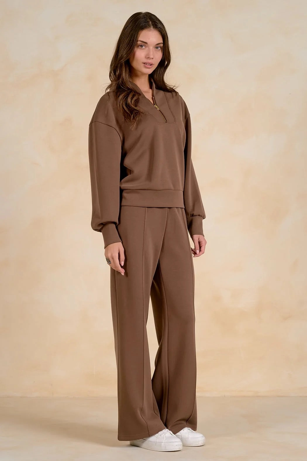 Elan Long Sleeve 3/4 Zip Top - Light Brown