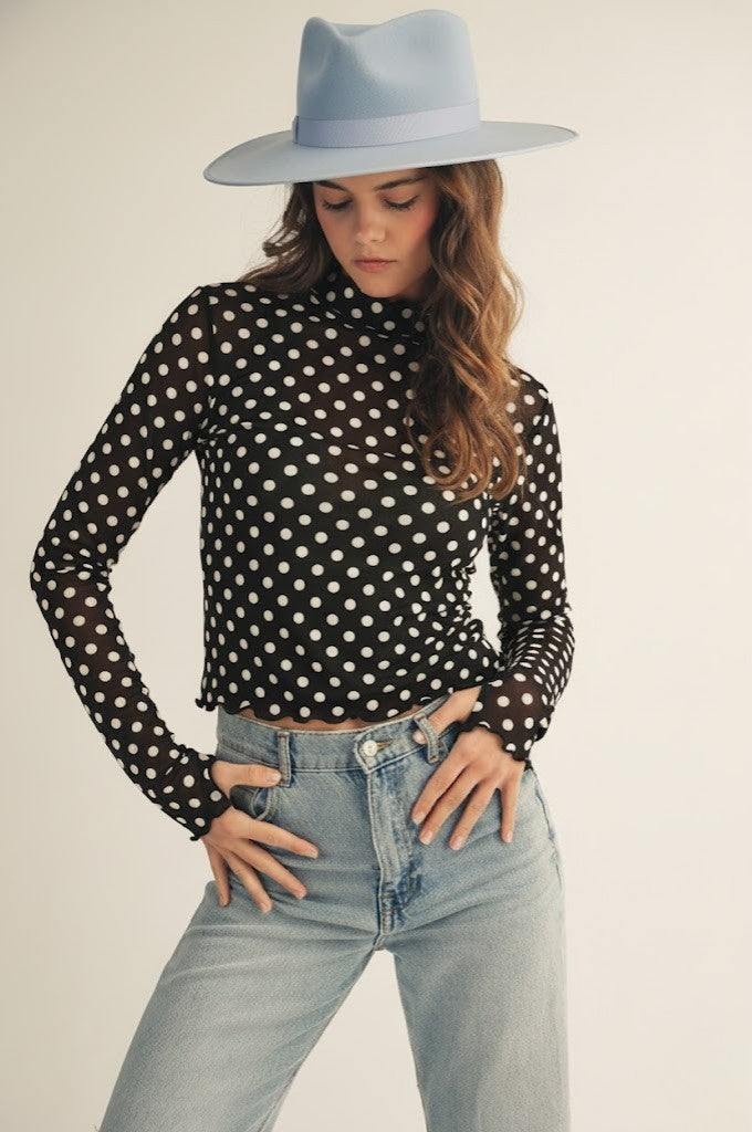 Polka Dot Mesh Top in Black, mock neck long sleeve mesh top with allover polka dot print, full length view