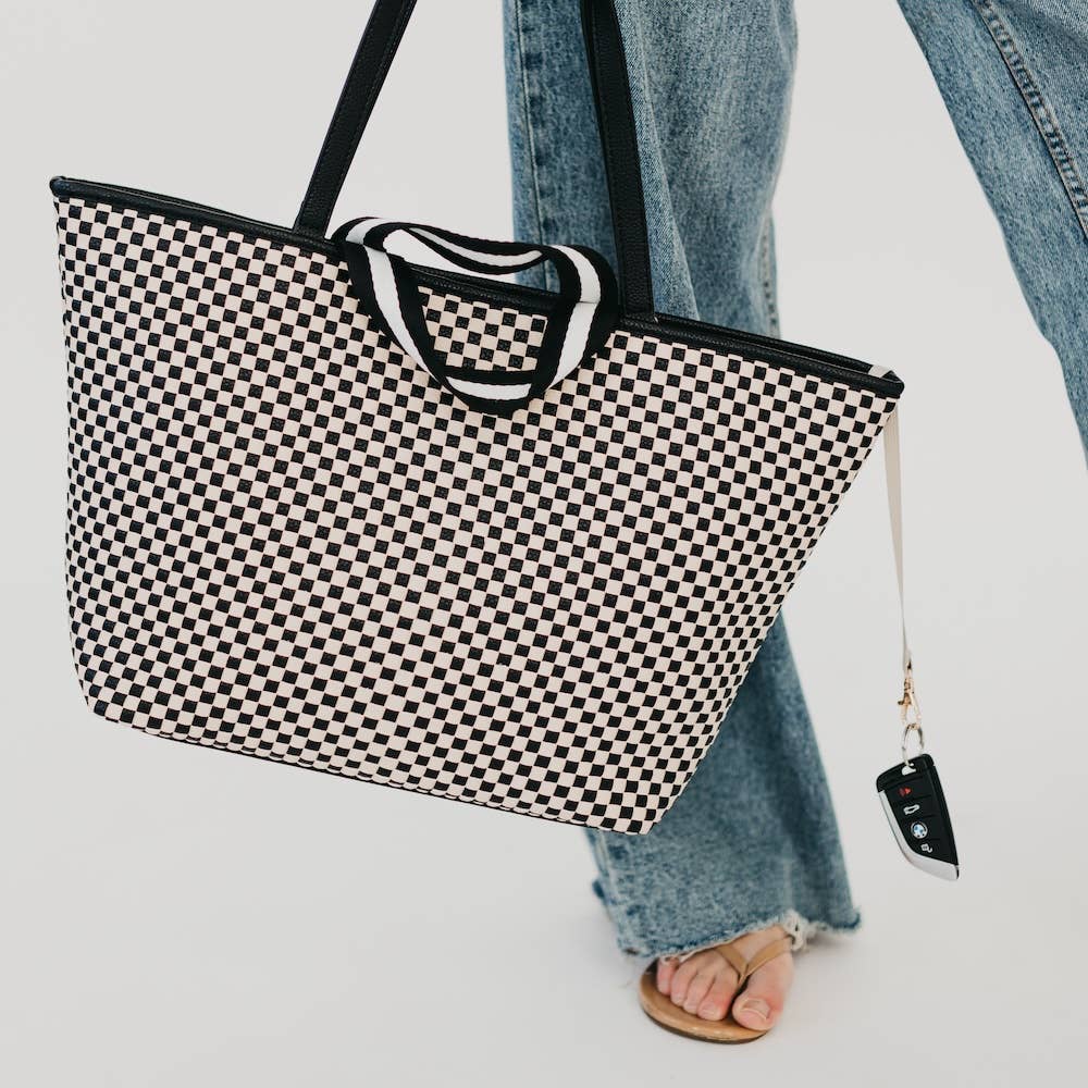 Front view of the Pretty Simple Woven Tiffany Organizer Tote in Checkered Black.