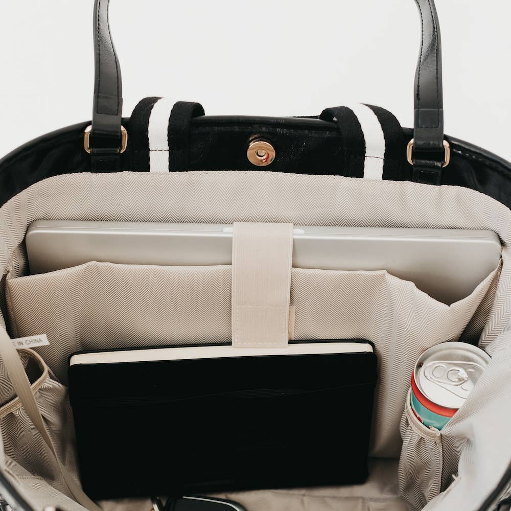 Size reference view of the Pretty Simple Woven Tiffany Organizer Tote in Checkered Black.