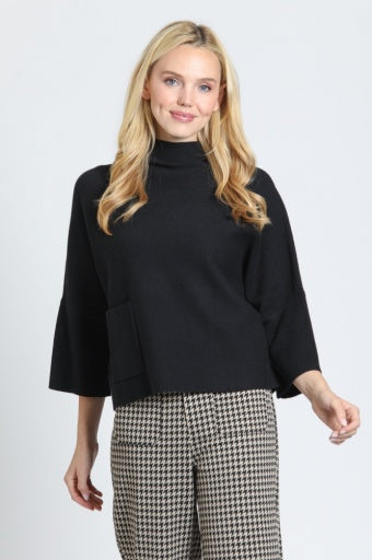 APNY Funnel Neck Sweater with Patch Pocket in Black - front view