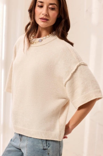Tribal Lofty Elbow Sleeve Sweater - Cream front view