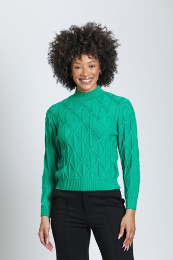 APNY Diamond Cable Eyelet Sweater in Emerald - front view