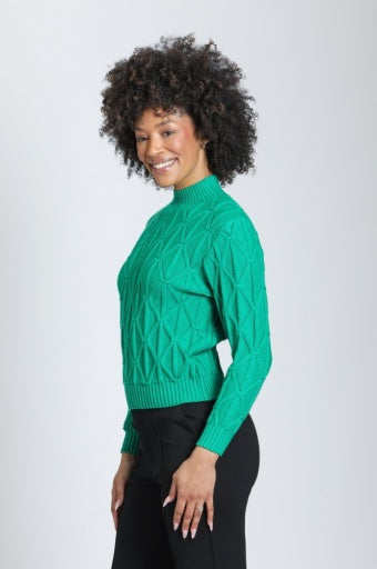 APNY Diamond Cable Eyelet Sweater in Emerald - detail view