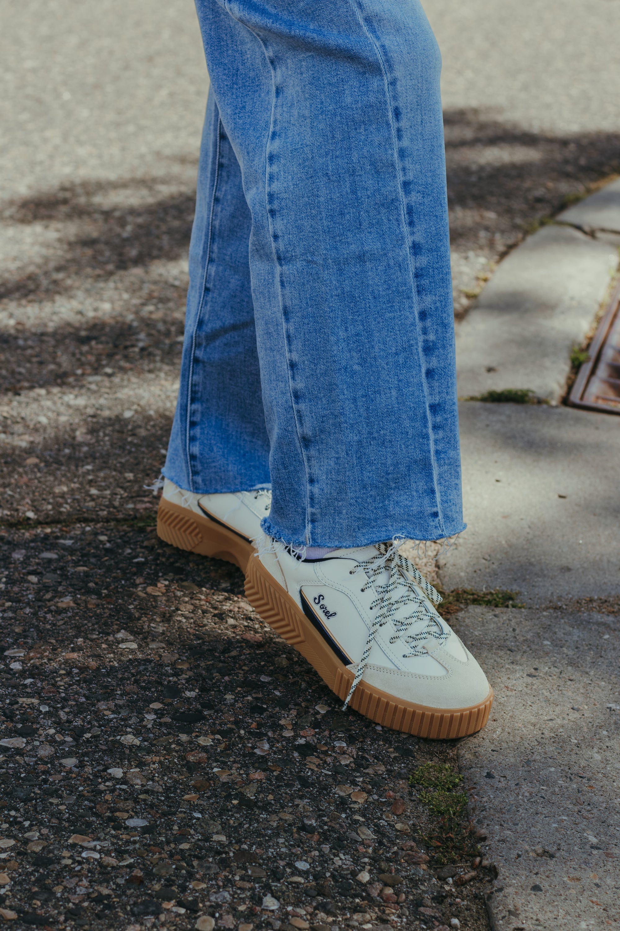 Sorel Ona Ave T-Toe Sneaker in Snow/Navy - front view
