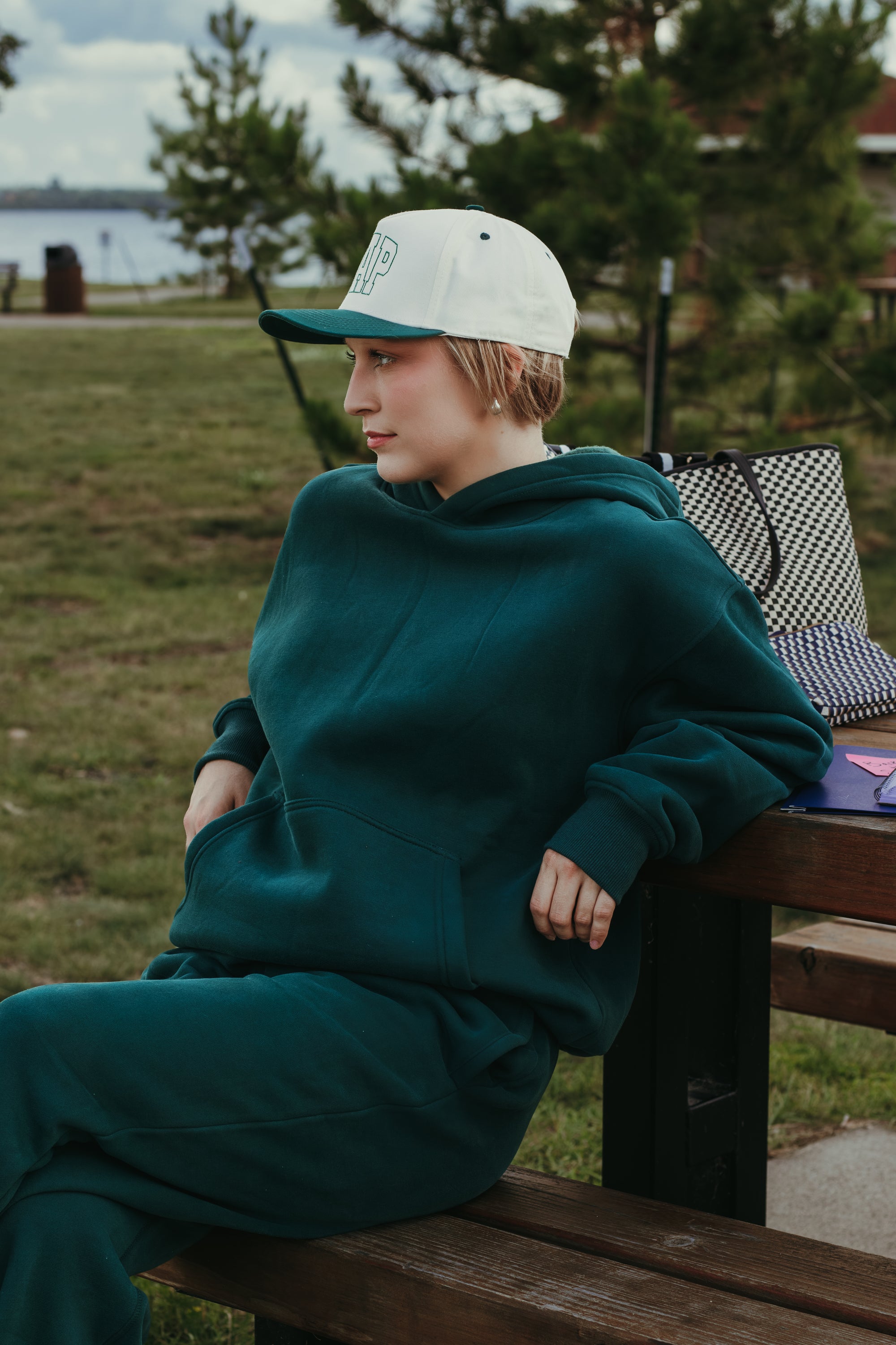 TICTOC Dami Fleece Hoodie in Forest - worn, styled
