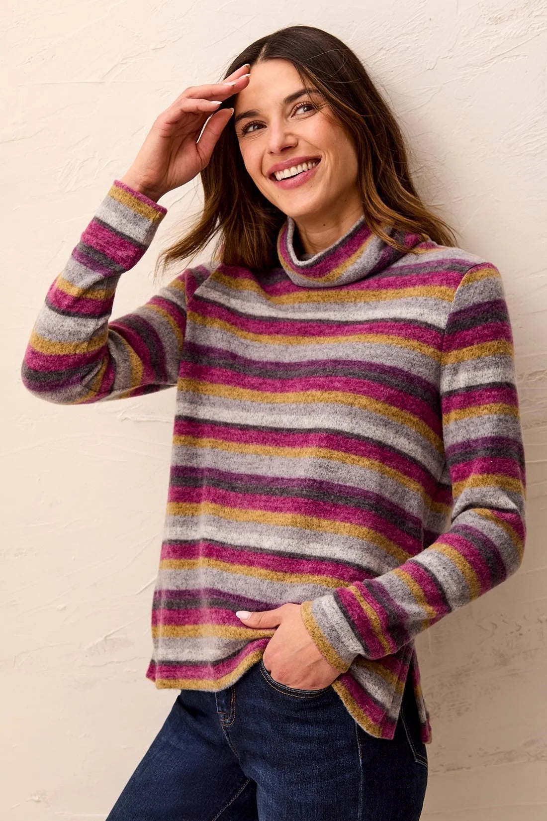 Tribal Long Sleeve Funnel Neck Top -Mulberry