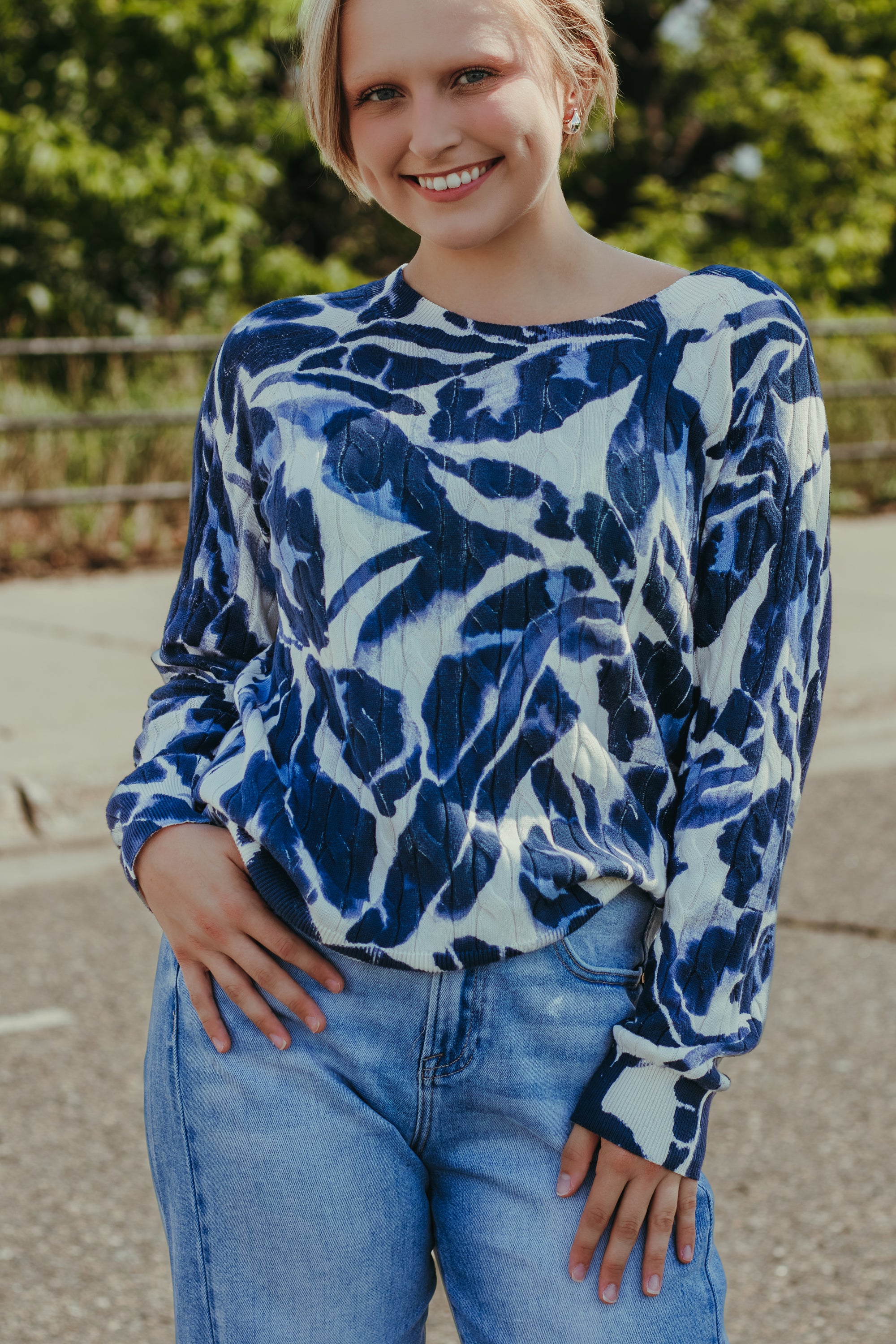Tribal Long Sleeve Crew Neck Sweater in Blue Fog - front view