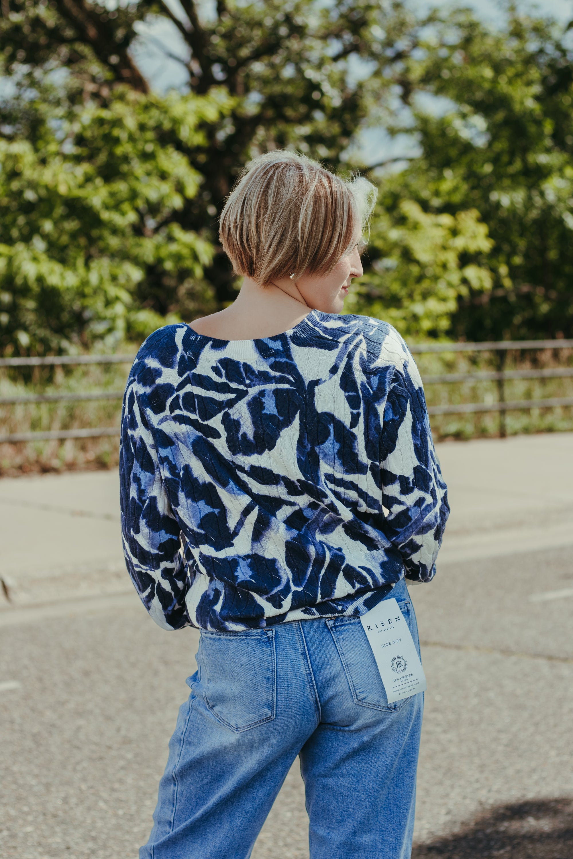 Tribal Long Sleeve Crew Neck Sweater in Blue Fog - detail view