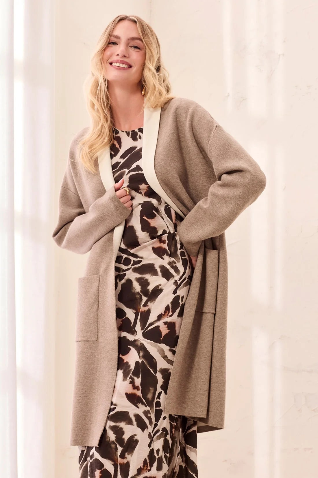 Tribal Long Sleeve Coatigan with Pockets-Fossil