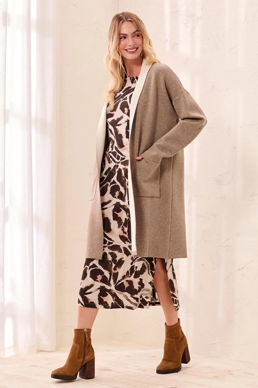 Tribal Long Sleeve Coatigan with Pockets-Fossil