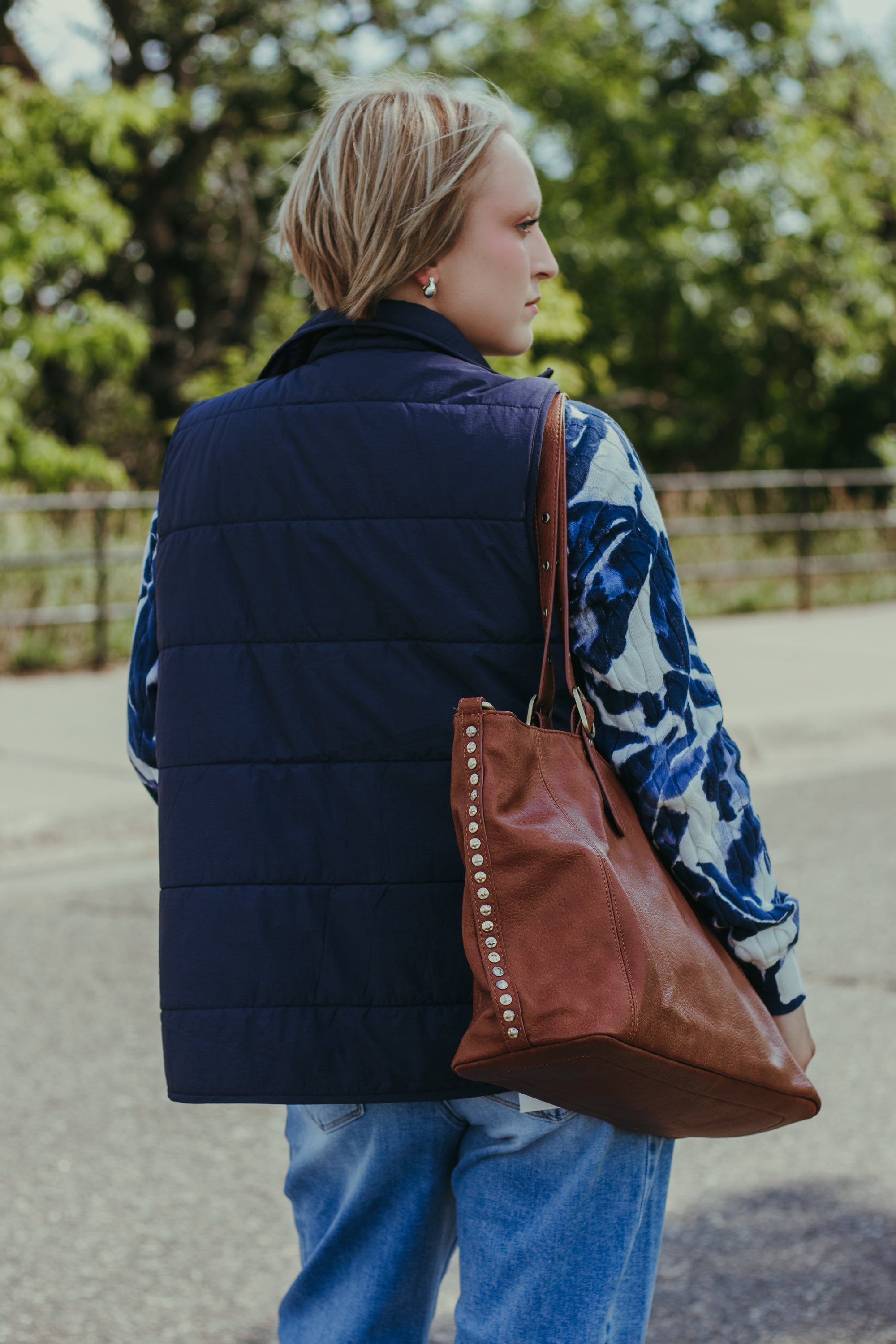 Tribal Packable Puffer Vest in Sapphire - detail view