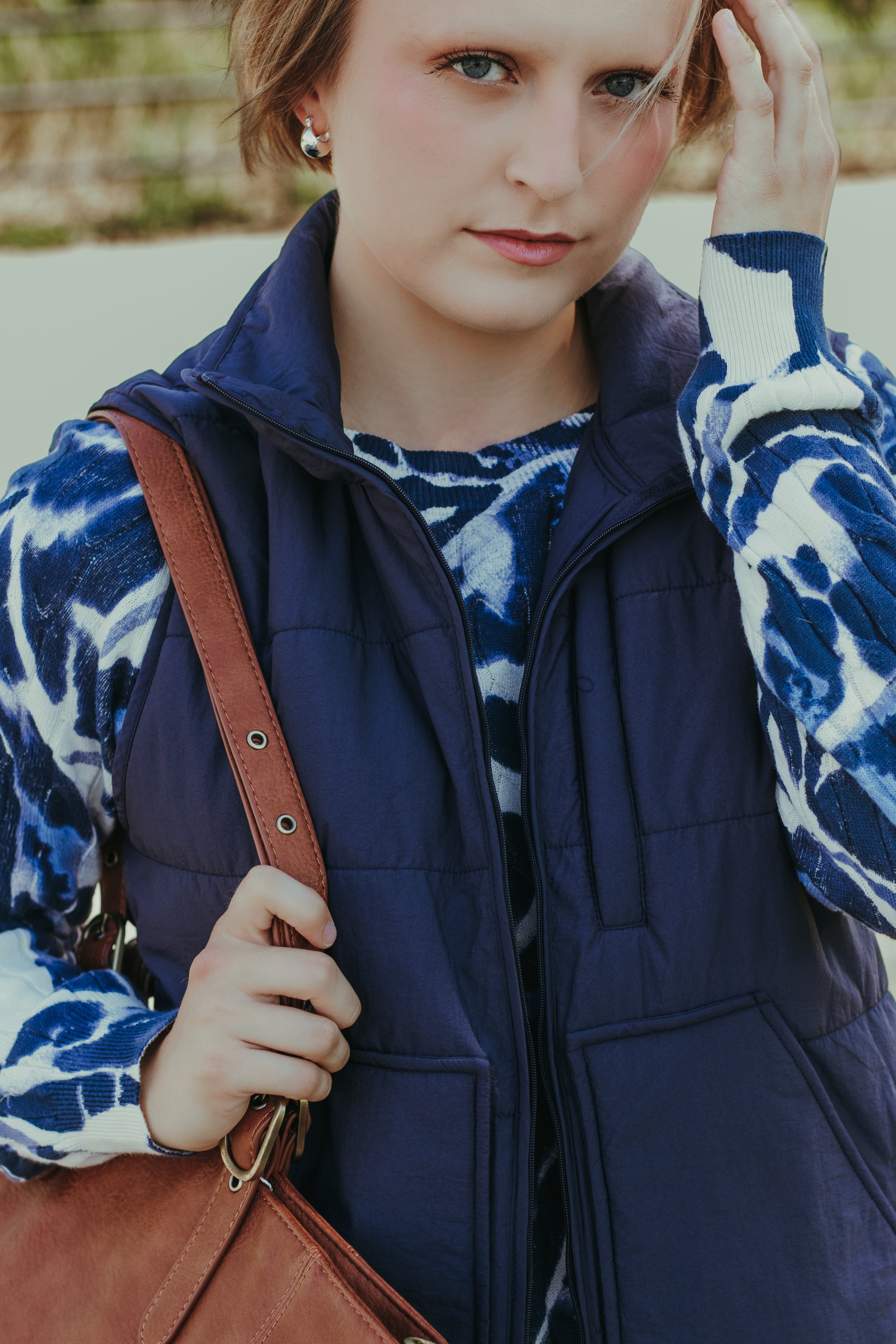 Tribal Packable Puffer Vest in Sapphire - worn, styled