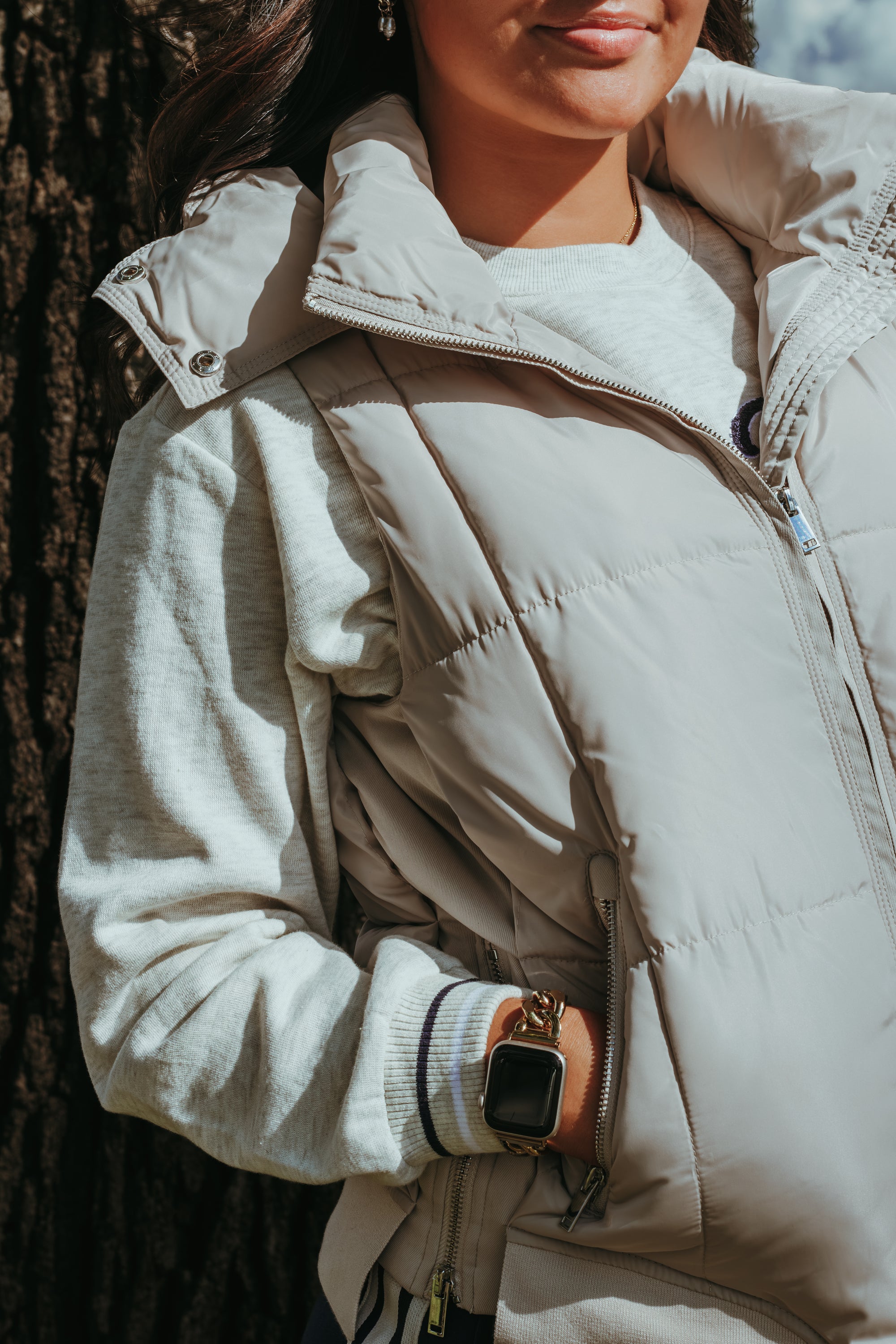 Tribal Quilted Vest in Sand Dune - worn, styled