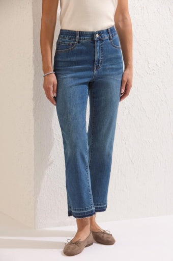 Front view of the Tribal Sophia Micro Flare Crop Denim in Dusk