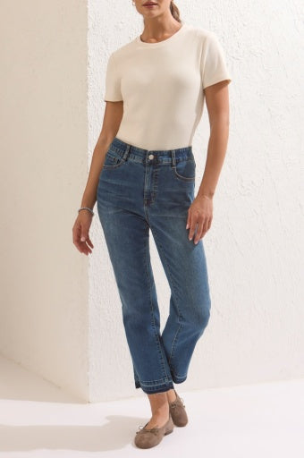 Close-up of the flare leg detail on the Tribal Sophia Micro Flare Crop Denim