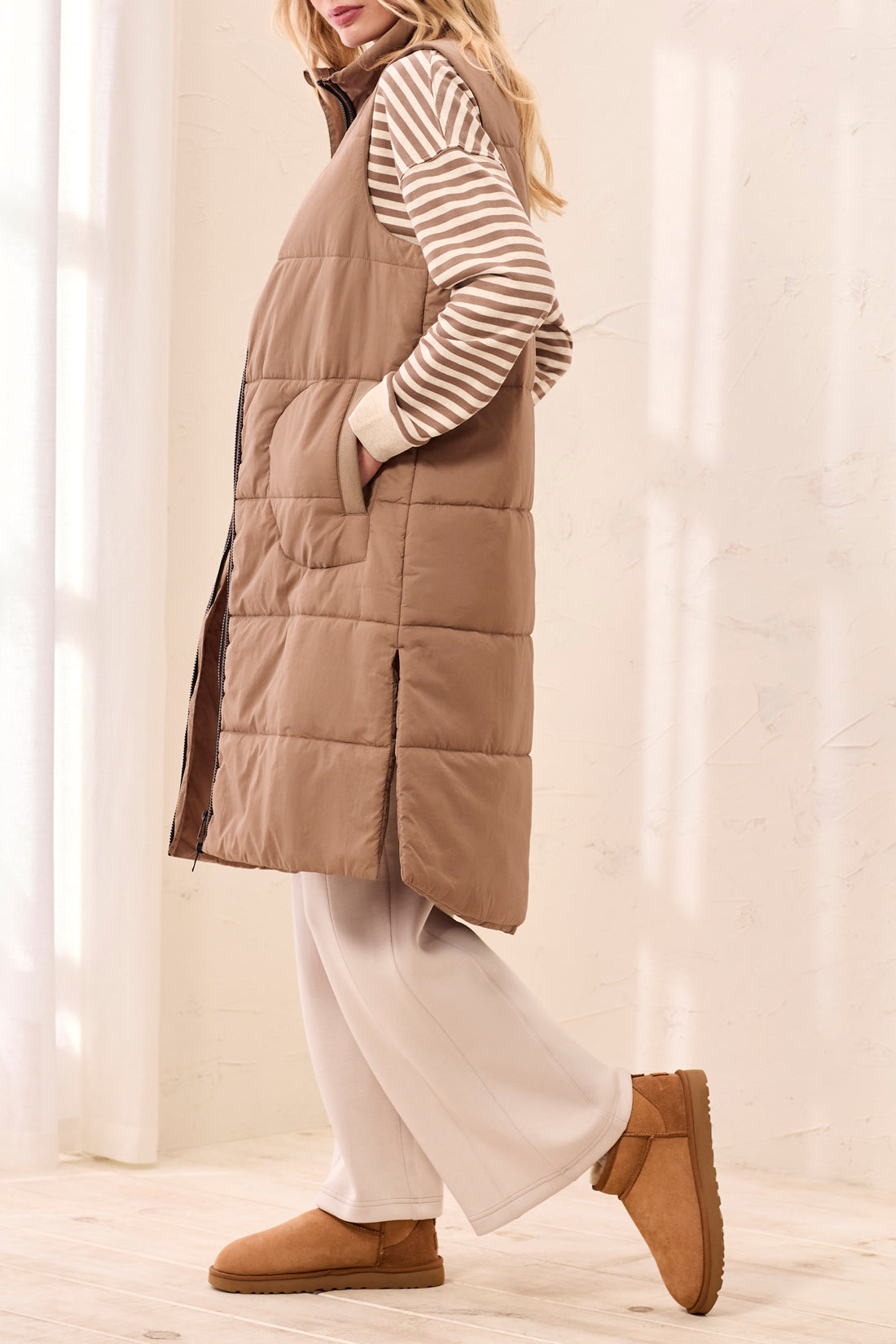 Tribal Zip Front Quilted Long Vest - Fossil