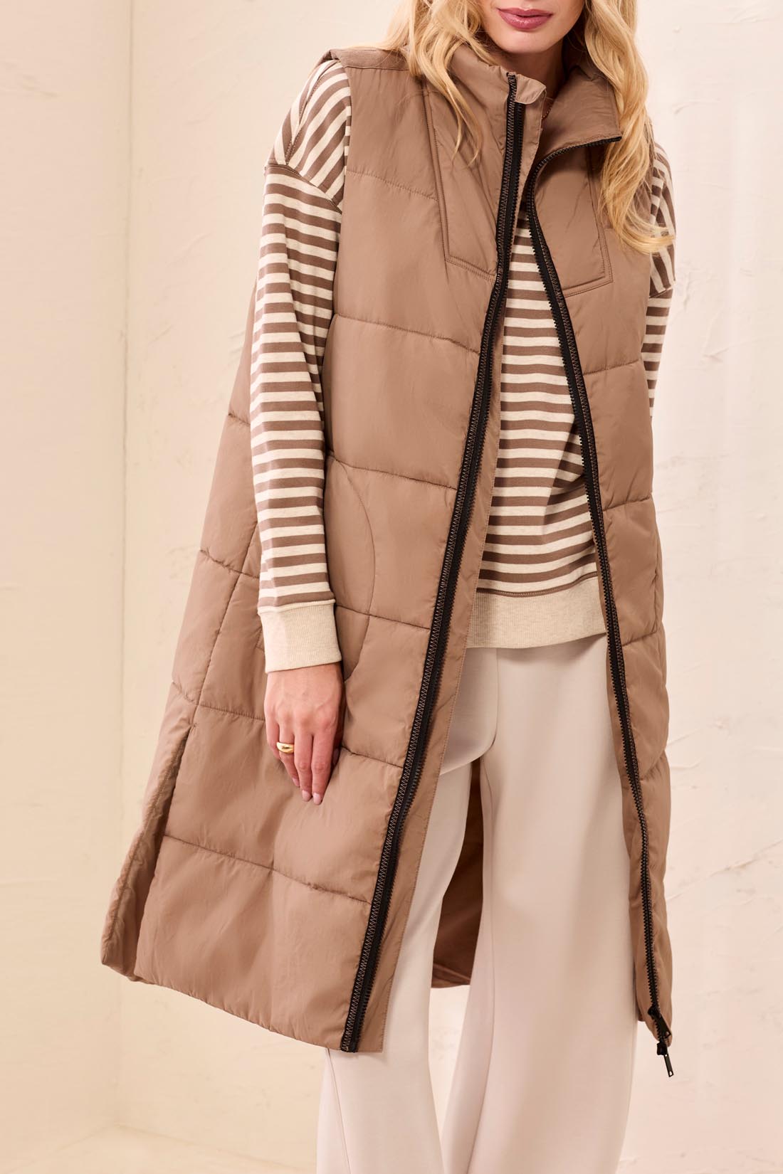 Tribal Zip Front Quilted Long Vest - Fossil