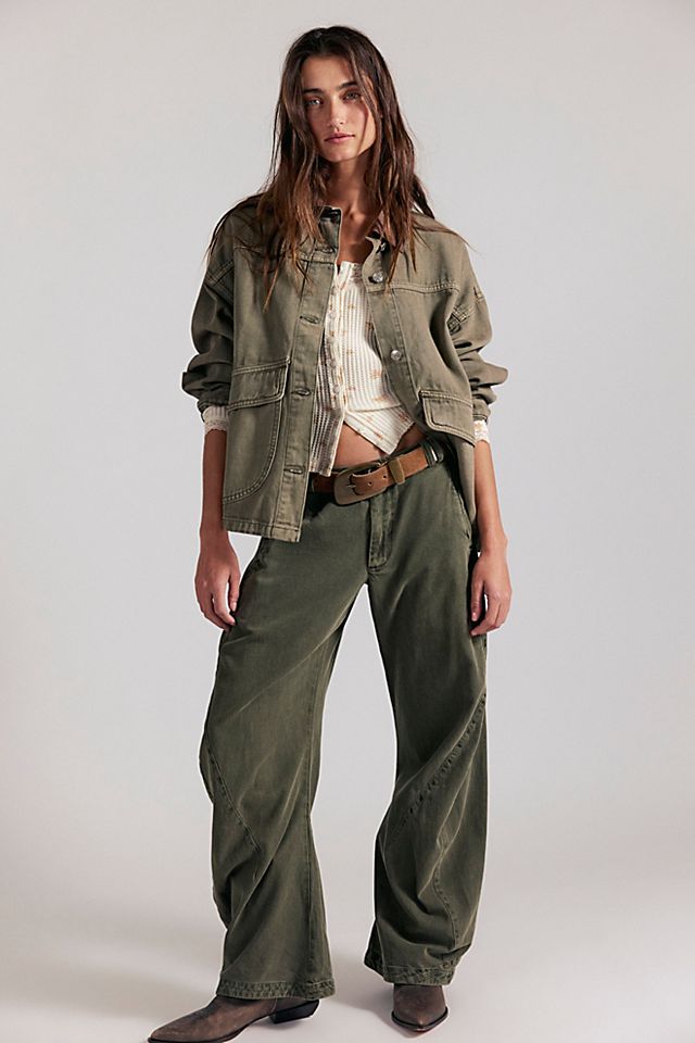 Free People Spotlight Washed Trouser in Dusty Olive - front view