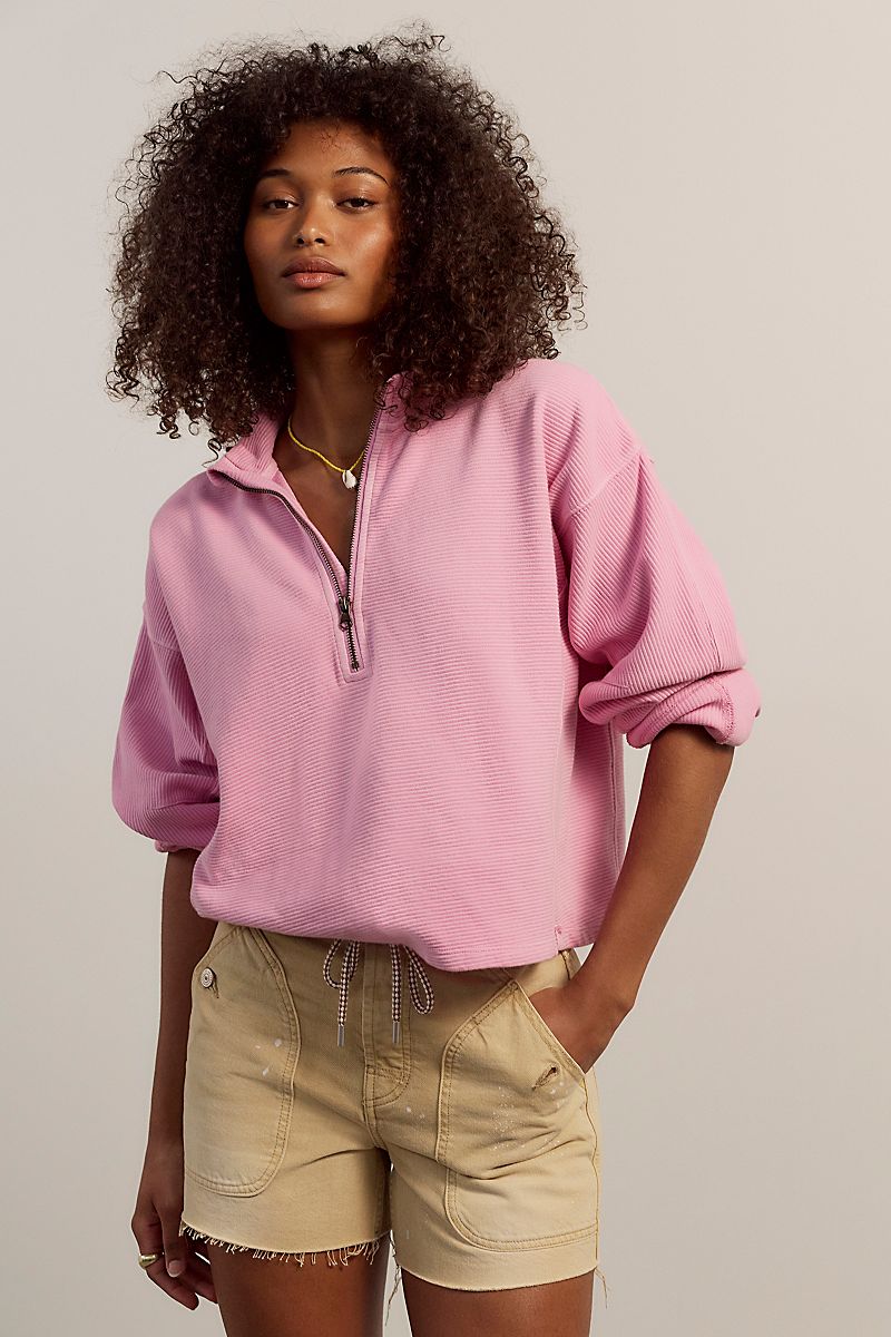 Free People Celeste Quarter Zip in Hummingbird Pink - front