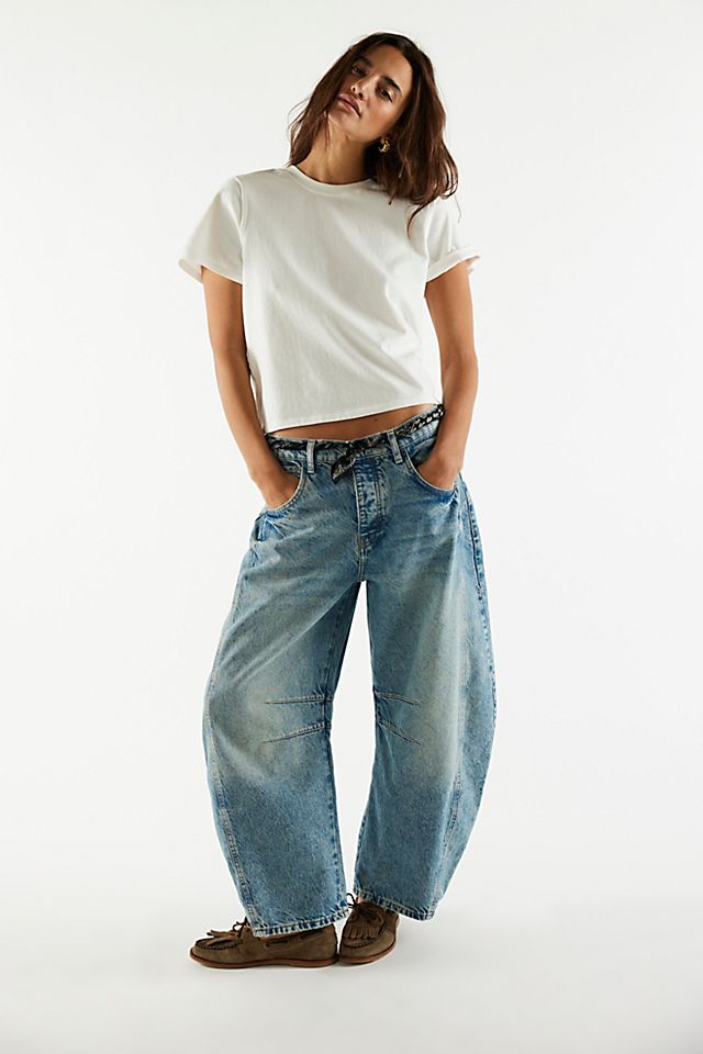 Free People Good Luck Barrel Jean in Light Beam - styled view