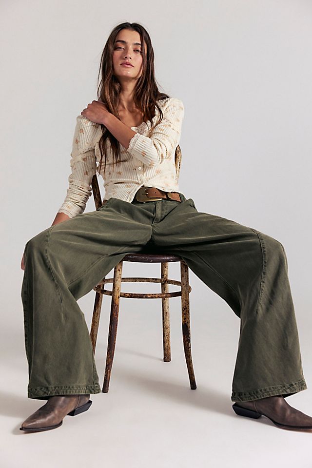 Free People Spotlight Washed Trouser in Dusty Olive - back view