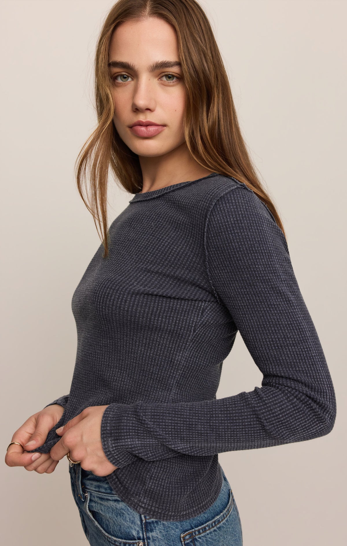 Z Supply Arlet Mini Thermal Top in Oxford Blue, close-up detail 1
