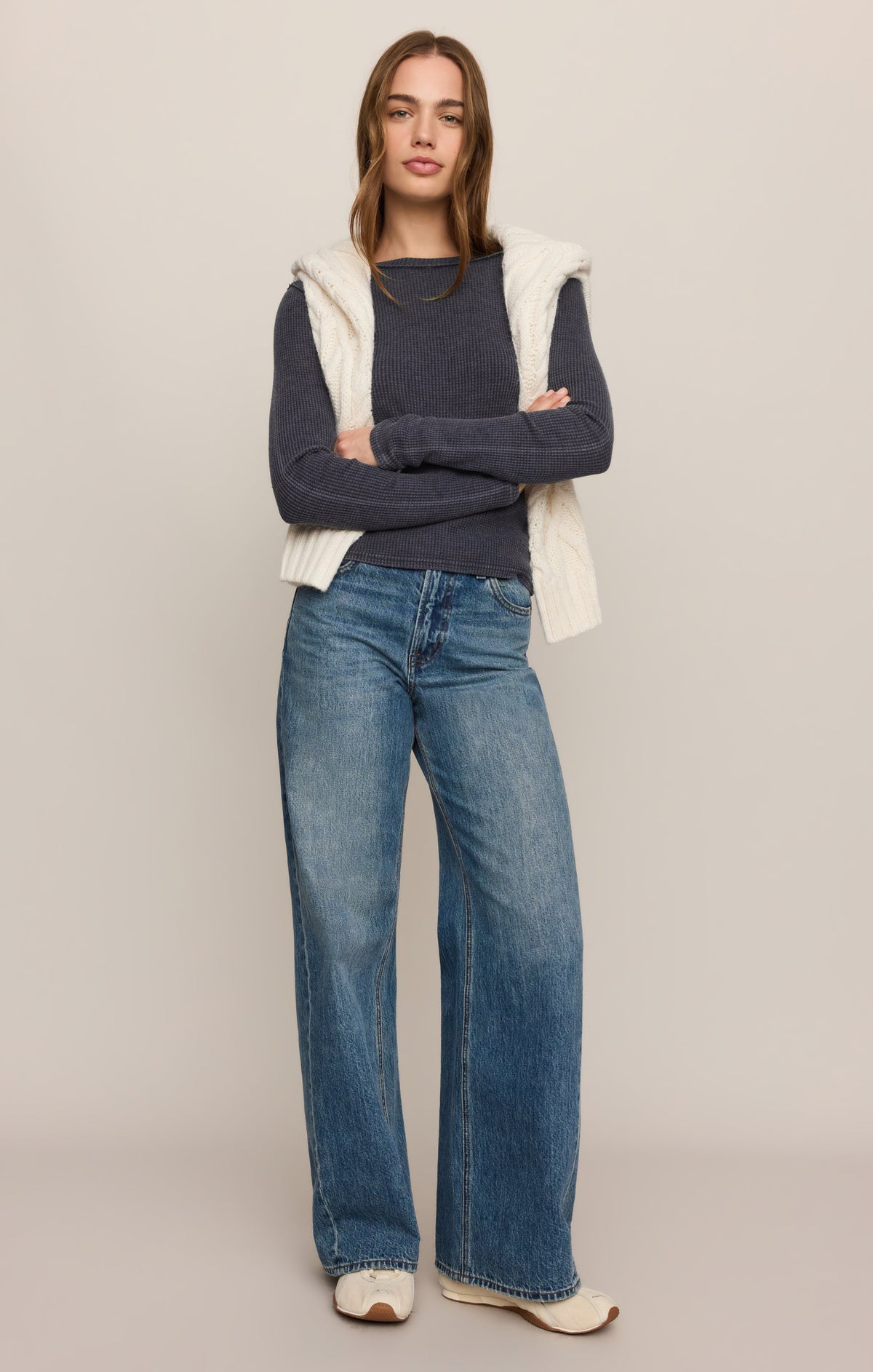 Z Supply Arlet Mini Thermal Top in Oxford Blue, close-up detail 2
