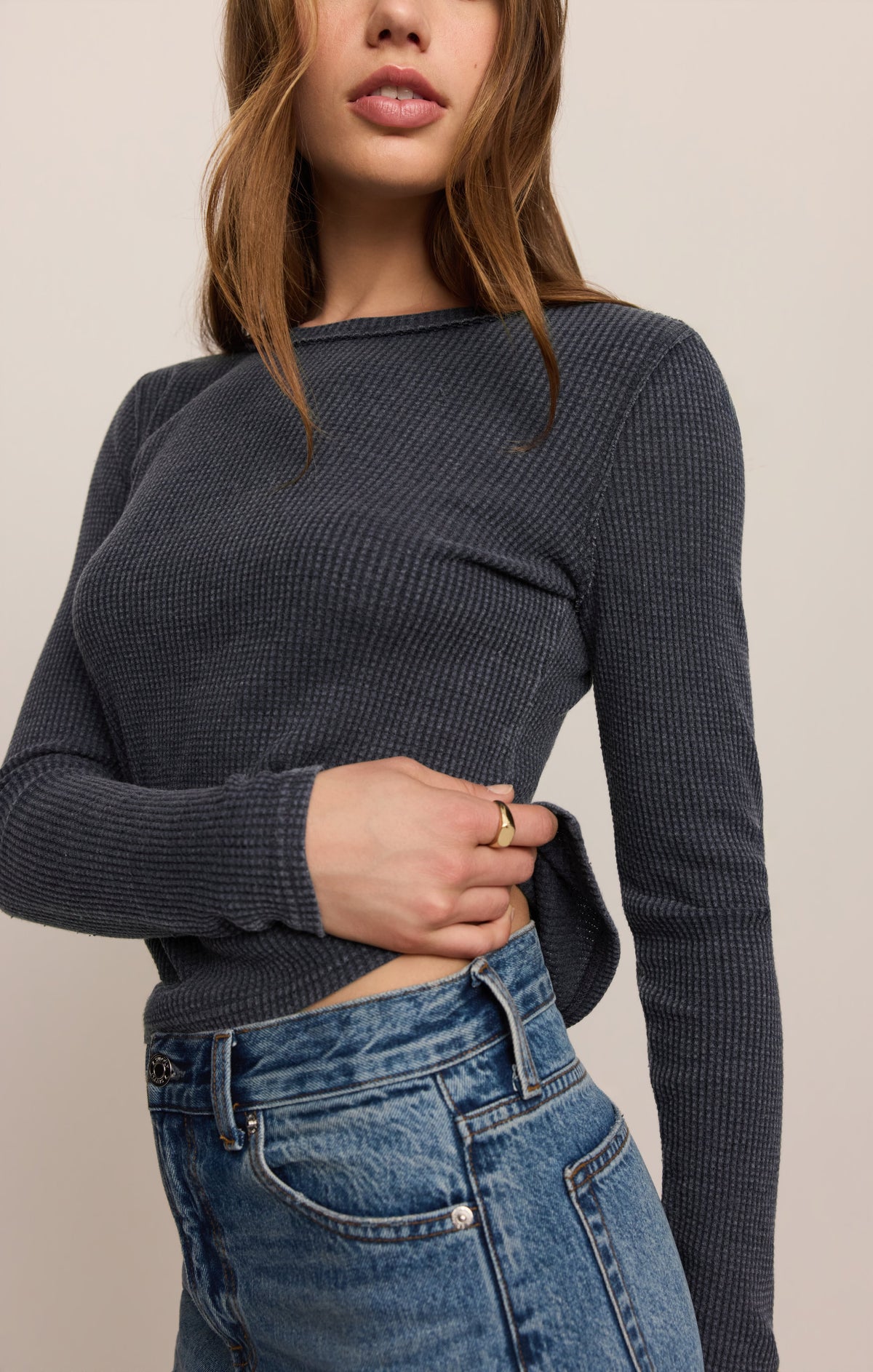 Z Supply Arlet Mini Thermal Top in Oxford Blue, close-up detail 4