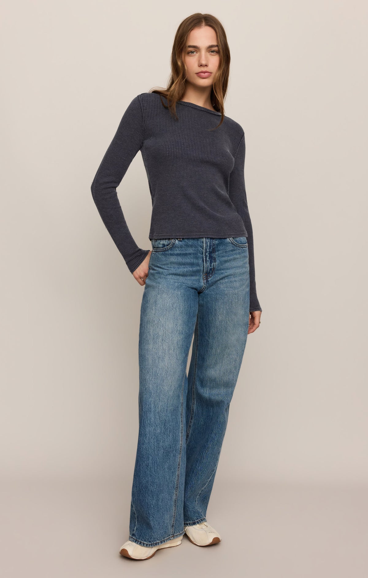 Z Supply Arlet Mini Thermal Top in Oxford Blue, front and back views
