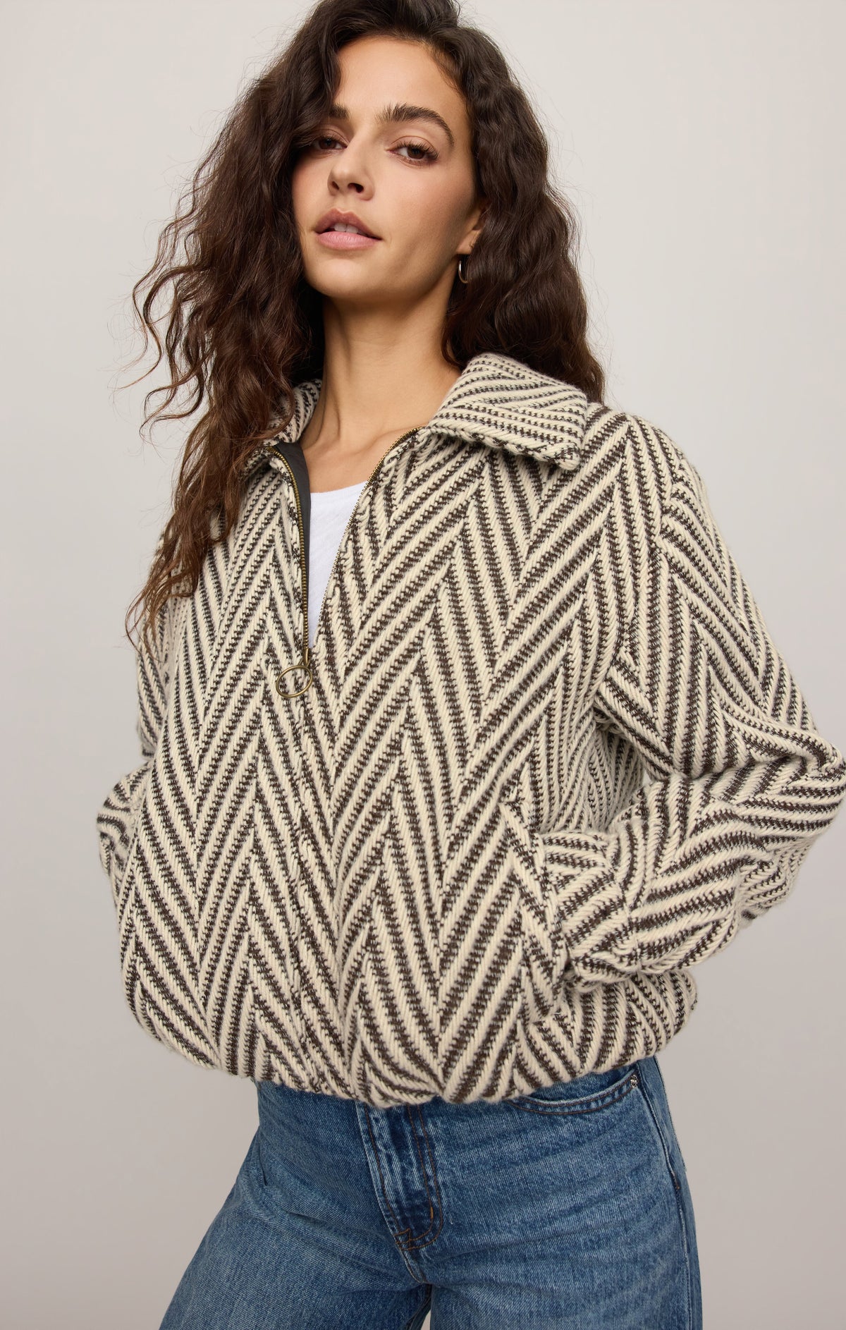 Z Supply Dunaway Bubble Jacket in Dark Chocolate, close-up detail 1