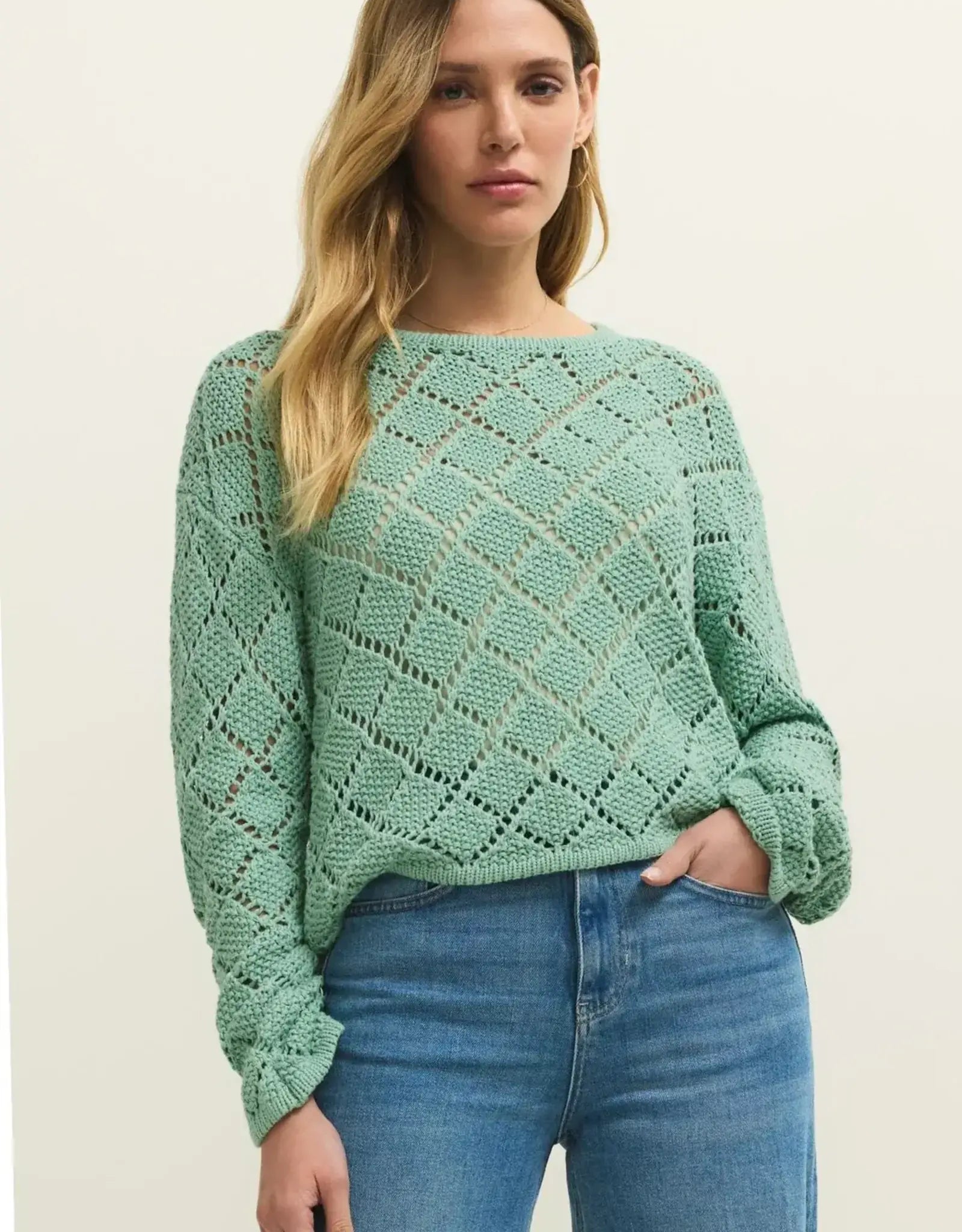 Z Supply Hullen Diamond Crochet Sweater in Crystal Green, front view