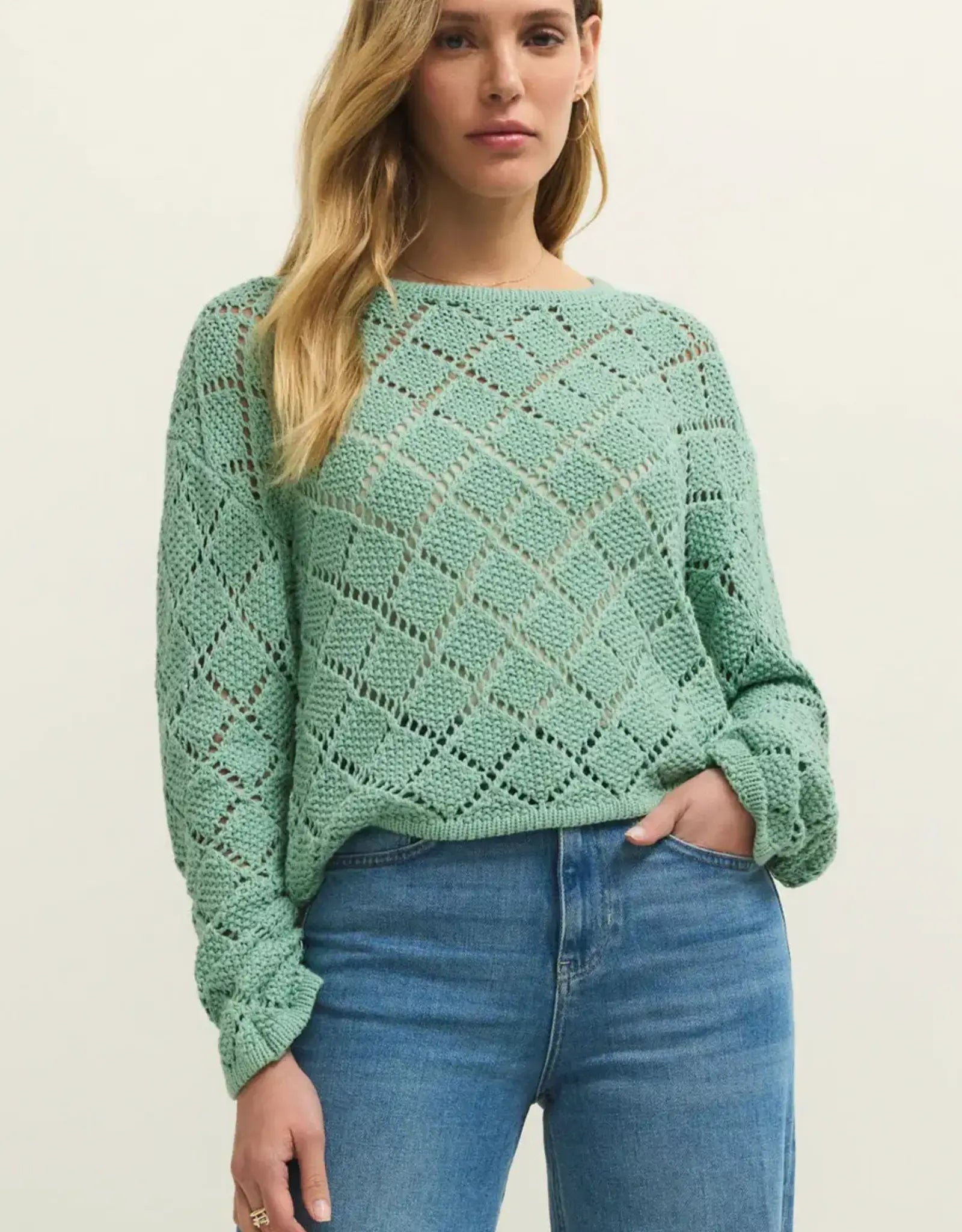 Z Supply Hullen Diamond Crochet Sweater in Crystal Green, detail view
