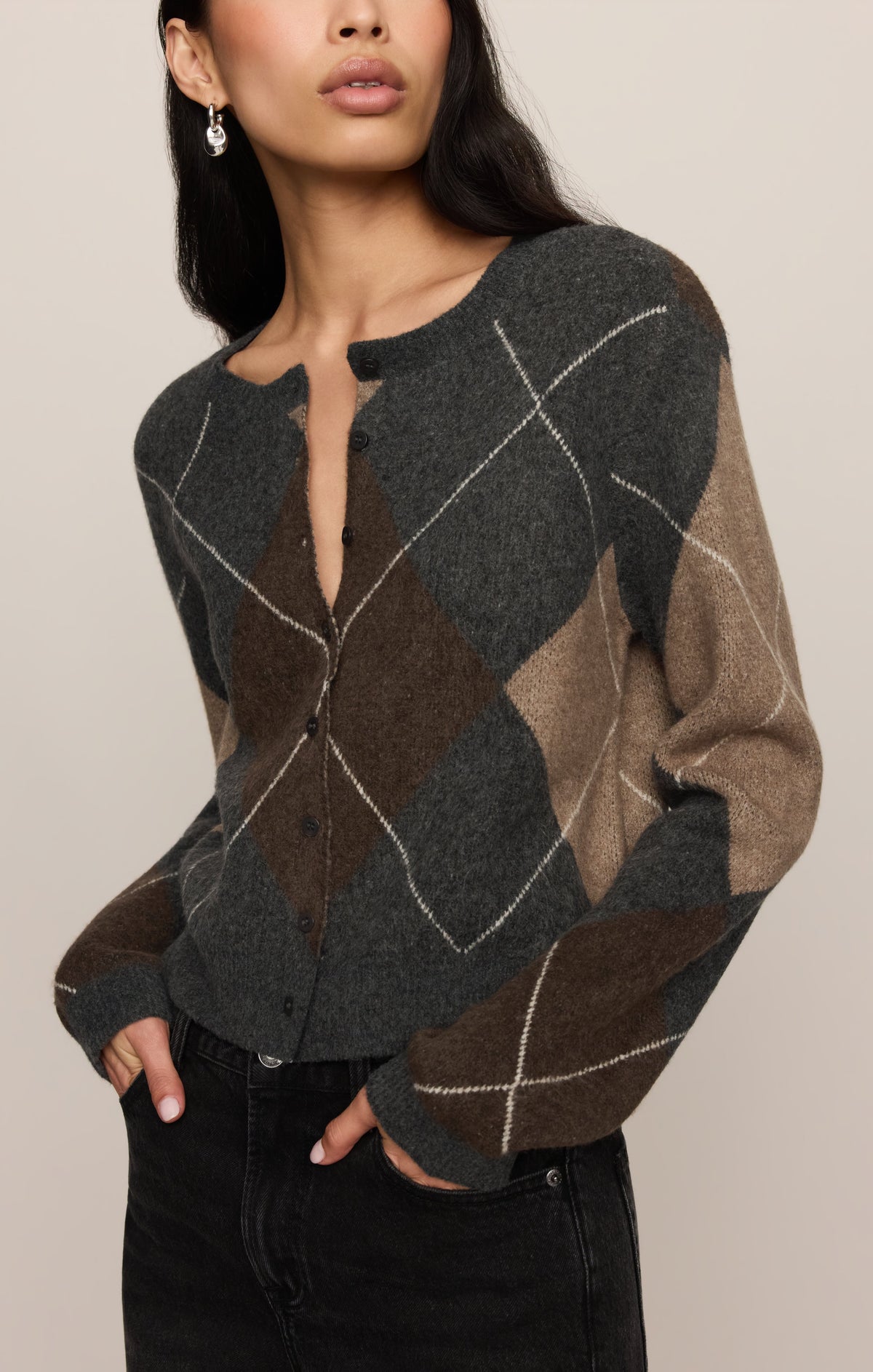 Z Supply Medina Argyle Cardigan in Charcoal Heather, close-up detail 2
