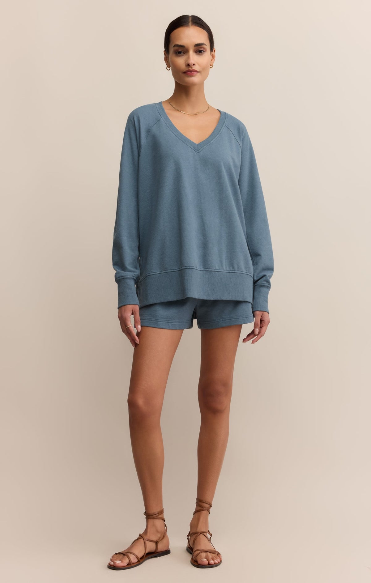 Z Supply Modern Weekender V Neck in Boathouse, front and back views