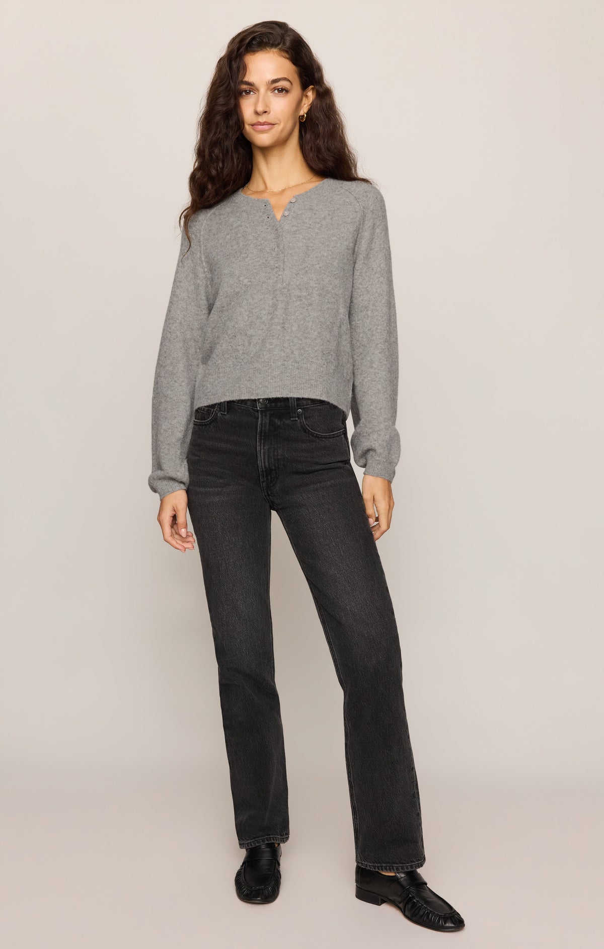 Z Supply Westmont Henley Sweater in Classic Heather Grey, front and back views