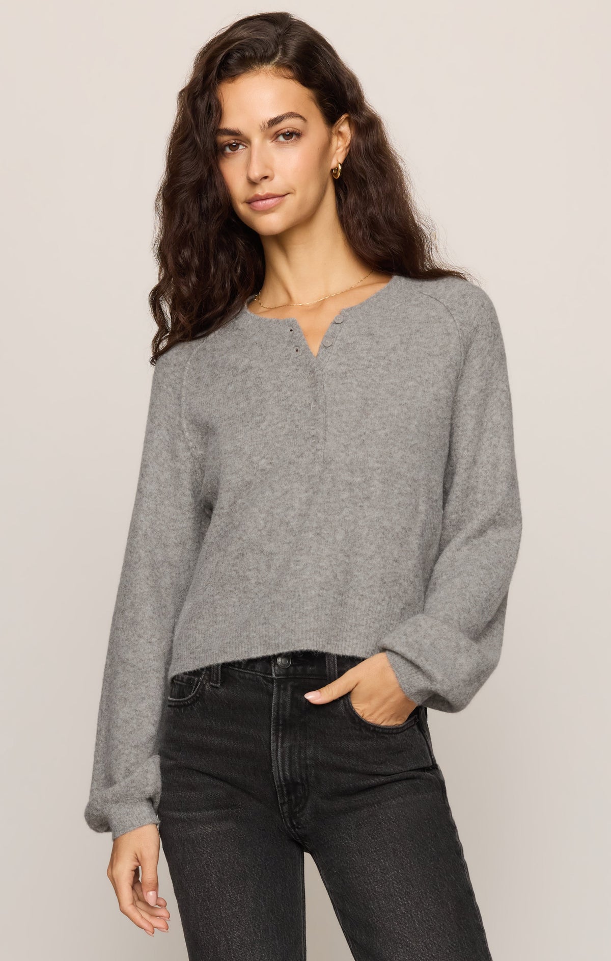 Z Supply Westmont Henley Sweater in Classic Heather Grey, front view