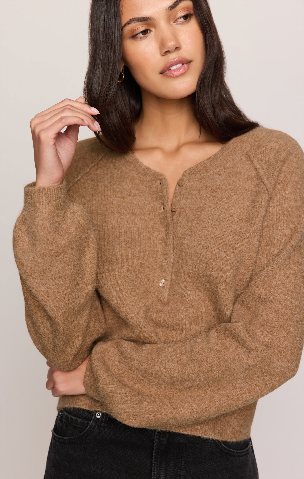 Z Supply Westmont Henley Sweater in Golden Caramel, close-up detail 1