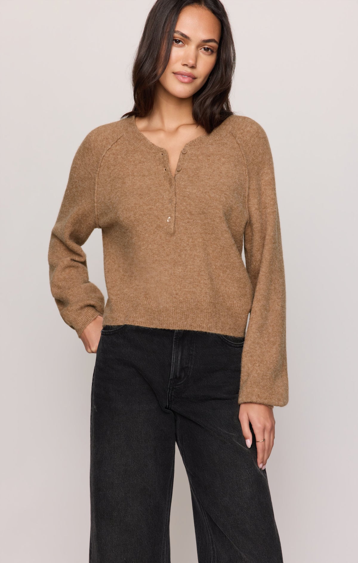 Z Supply Westmont Henley Sweater in Golden Caramel, close-up detail 2