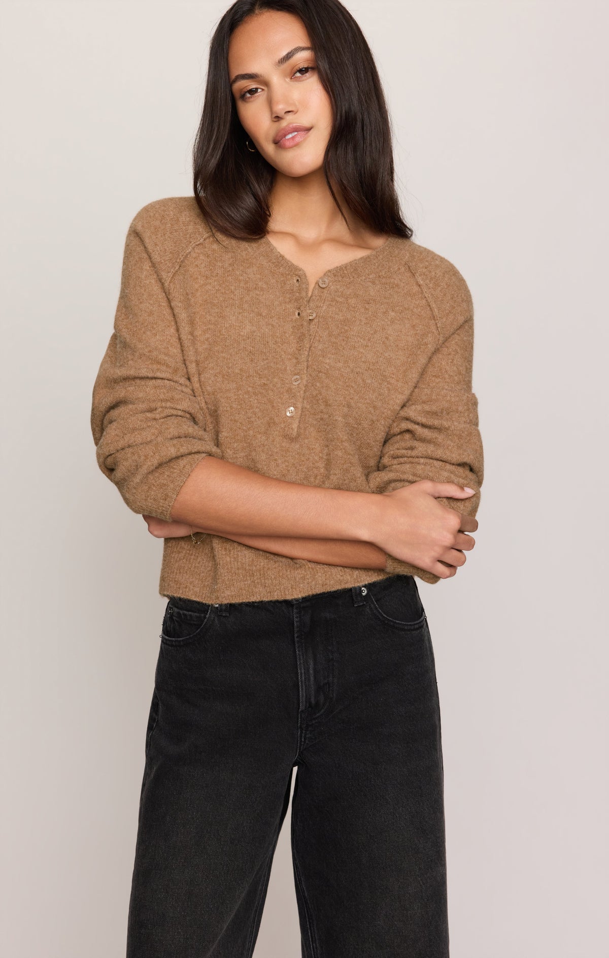 Z Supply Westmont Henley Sweater in Golden Caramel, close-up detail 3